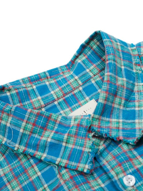 Small Grid Loose Splicing Raw Edges Plaid Long-sleeved Shirt
