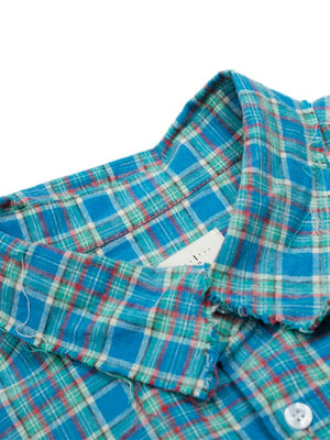 Small Grid Loose Splicing Raw Edges Plaid Long-sleeved Shirt