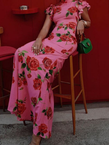 Improved Cheongsam Buttons Printed Formal Dress Maxi Dresses