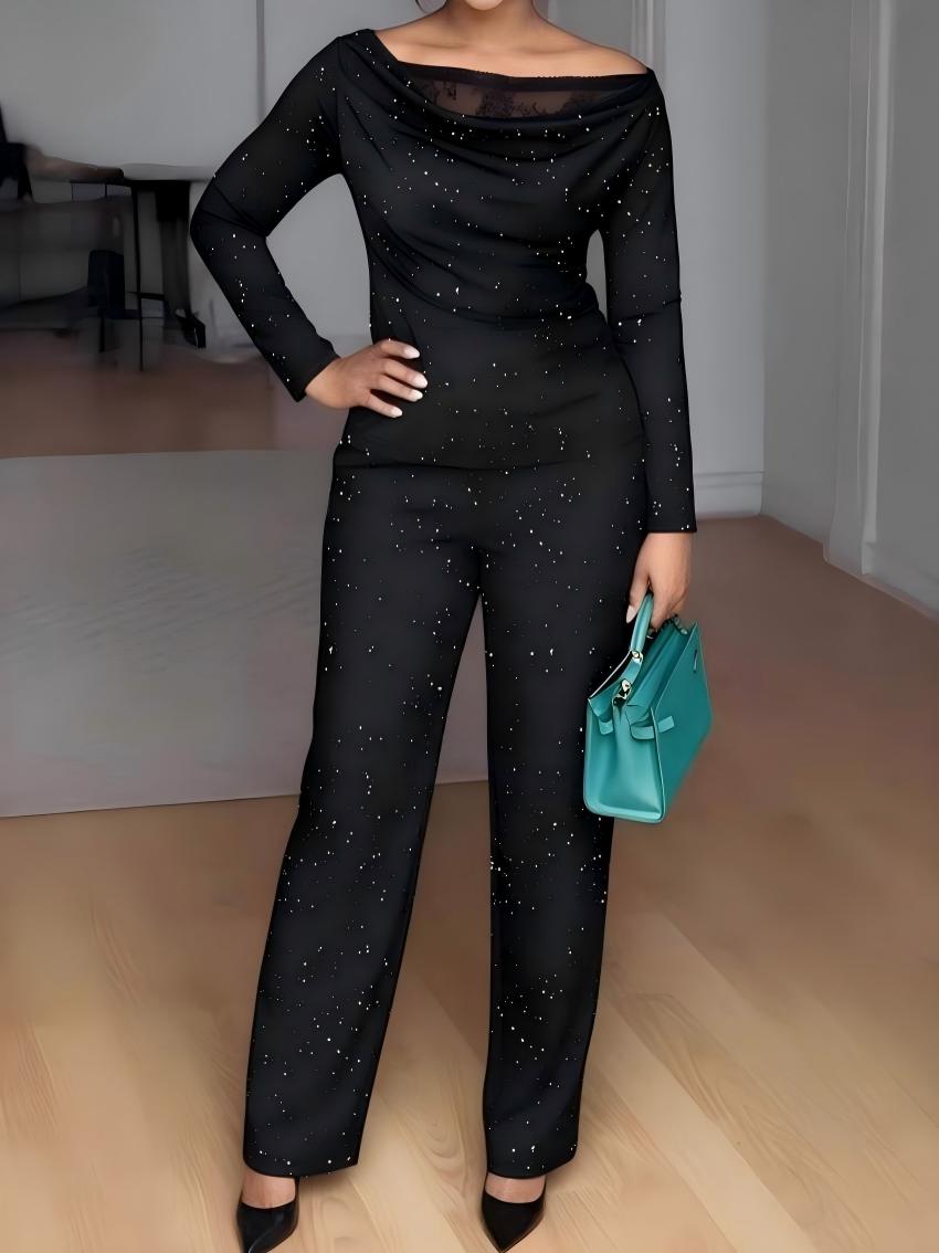 Sequined Lace Patchwork Long-sleeved Top And Wide-leg Pants 2-piece Sets