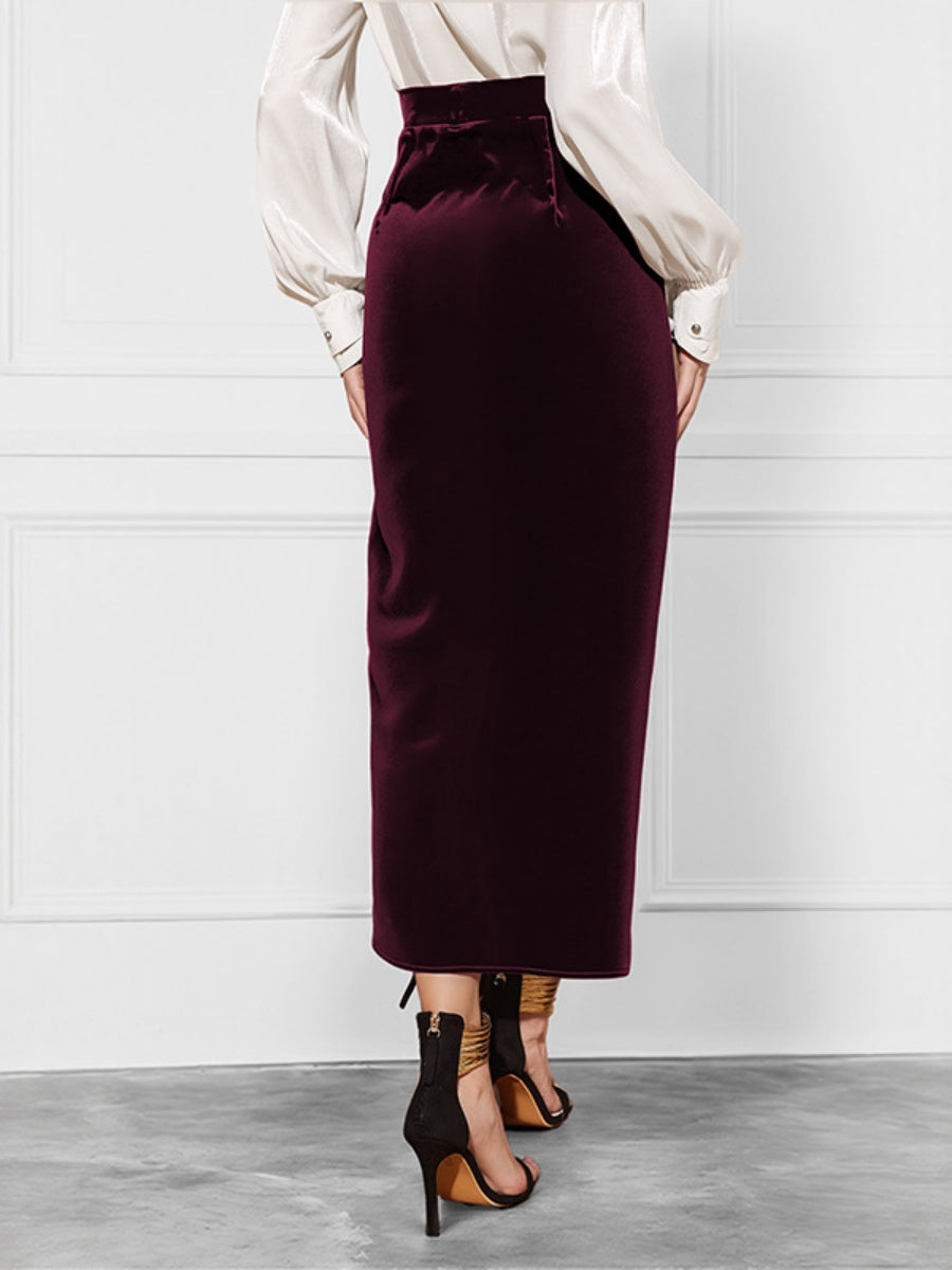 Hip-wrapped Velvet Twisted Front Slit High Waist Wrap Workplace Office Skirt