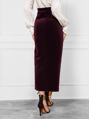 Hip-wrapped Velvet Twisted Front Slit High Waist Wrap Workplace Office Skirt
