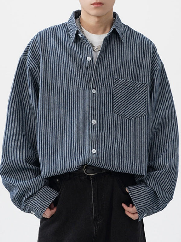 Vintage Wash Denim Striped Long-Sleeve Shirt