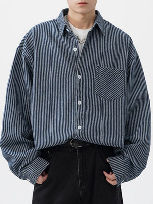 Vintage Wash Denim Striped Long-Sleeve Shirt