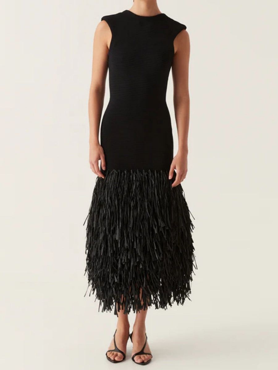 Robes maxi en tricot à pompons et patchwork de raphia uni