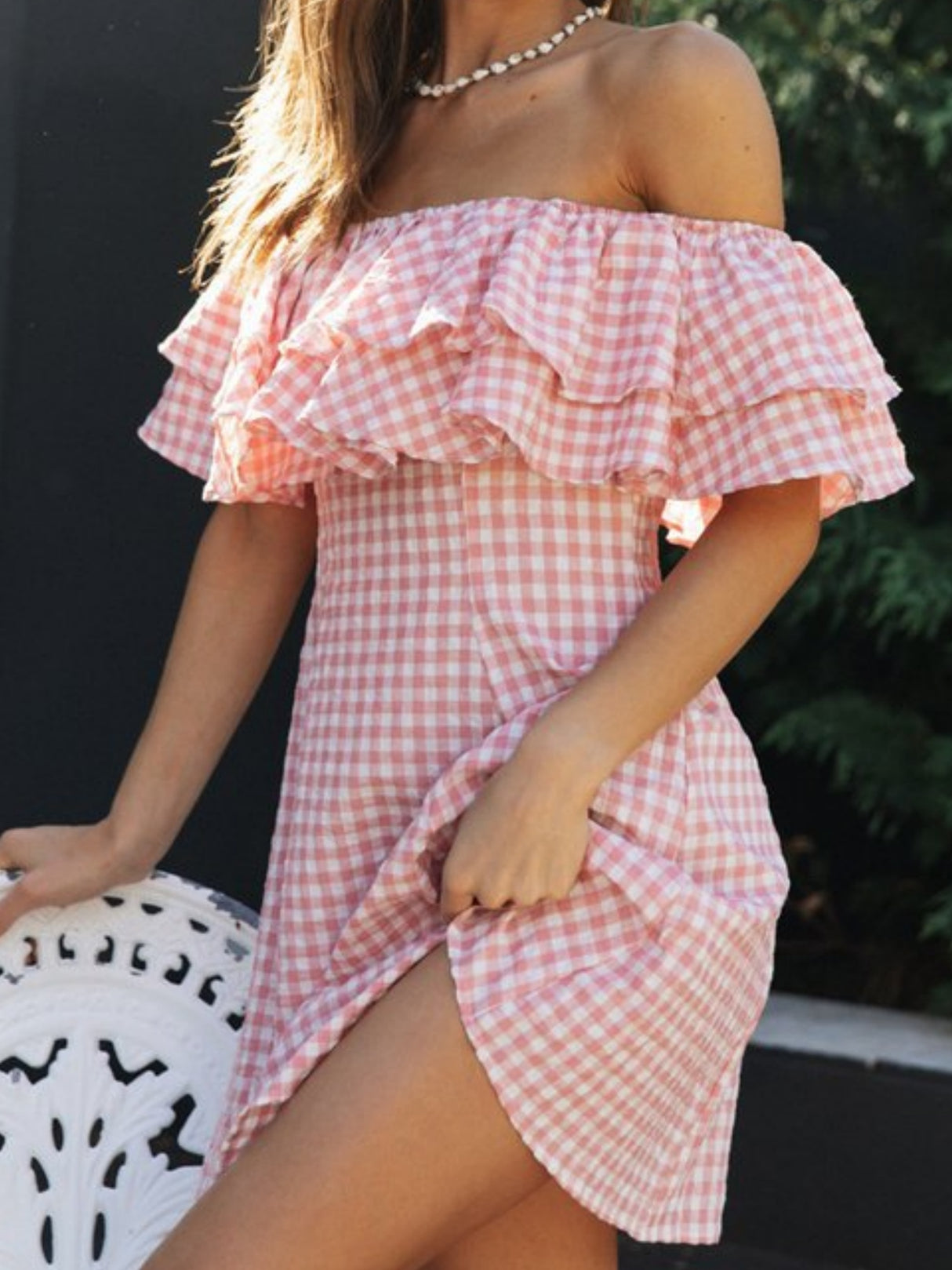 Plaid Off-the-shoulder Ruffled Collar Mini&Short Dresses