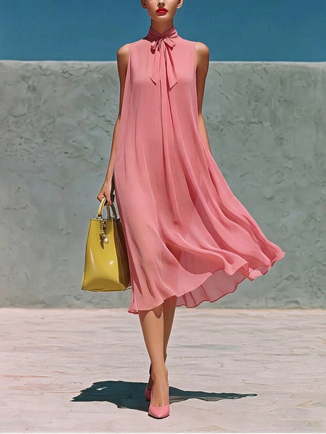 Sleeveless Chiffon Stand-up Collar Tie-up Long Dress