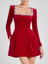 Square Collar Long Sleeve Diamond Velvet Mini&Short Dresses