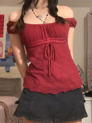 Bow-knot Waist Lace Patchwork Sweet Short Sleeves T-shirts