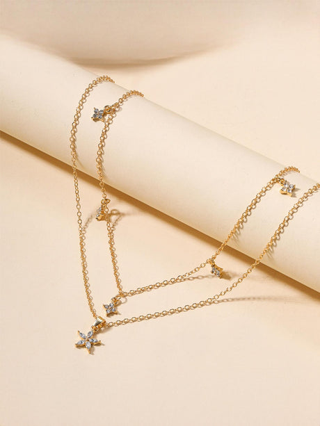 Five-pointed Star Diamond-encrusted Multi-layered Flower Necklace