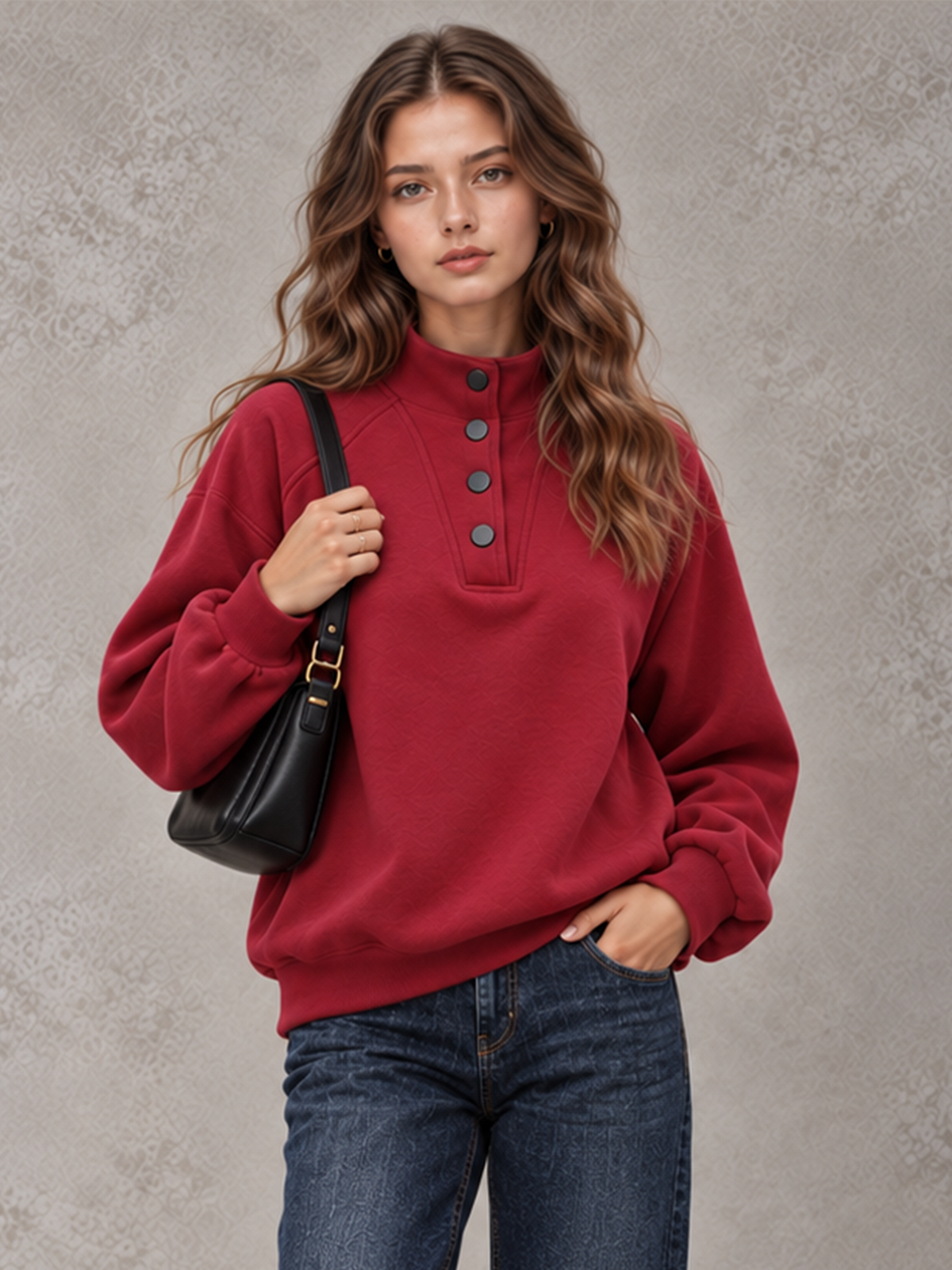 Women's Autumn/Winter Solid Color Stand Collar Button-Up Long Sleeve Sweatshirt