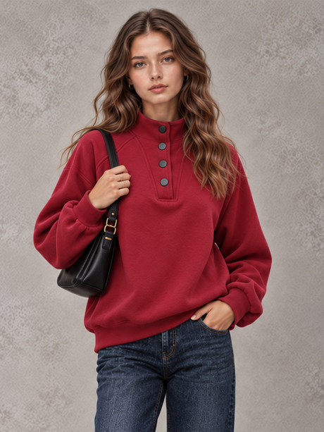 Women's Autumn/Winter Solid Color Stand Collar Button-Up Long Sleeve Sweatshirt