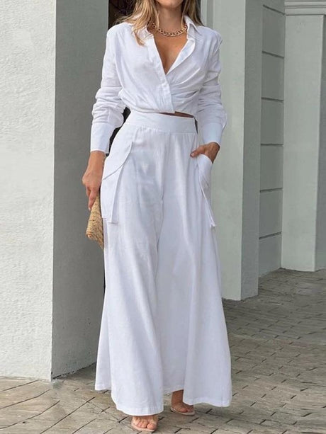 Solid Color Loose-fitting Wide-leg Pants Two-piece Set