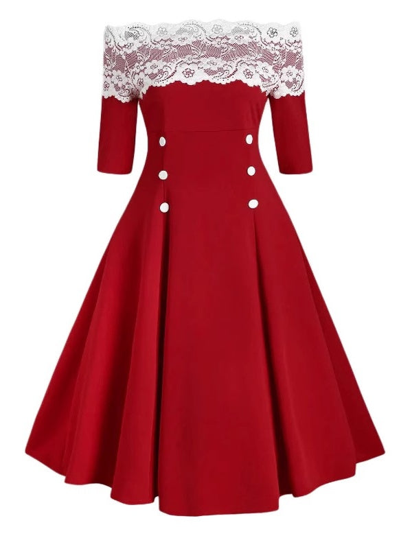 Christmas Off Shoulder Lace Stitching Trim Grace Full Skirt Dress