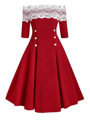 Christmas Off Shoulder Lace Stitching Trim Grace Full Skirt Dress