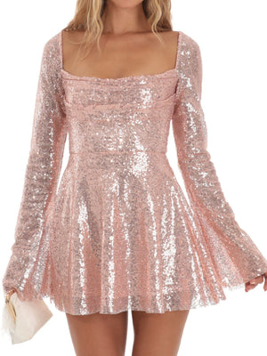 Sequins Bow Tie Long-sleeved Backless Mini&Short Dresses
