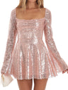 Sequins Bow Tie Long-sleeved Backless Mini&Short Dresses