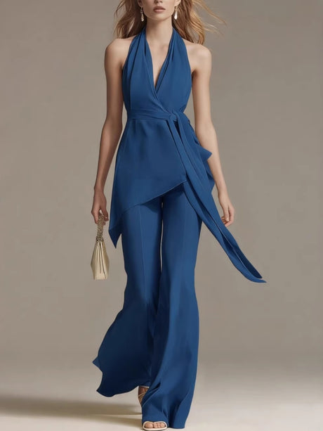 Halter-neck Backless Belt Sleeveless Top And Wide-leg Pants Two-piece Set