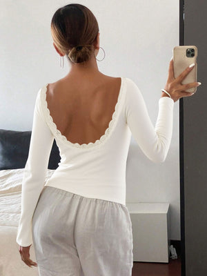 Sexy Backless T-shirt With Lace Trim And Ribbed Details