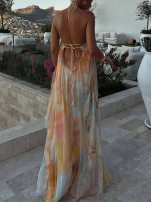 Halter Big Backless Bandage Loose-fit Printed Maxi Dresses