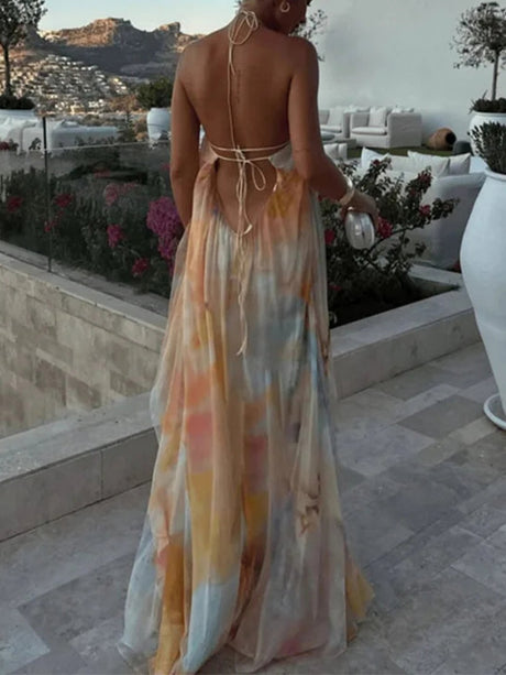 Halter Big Backless Bandage Loose-fit Printed Maxi Dresses