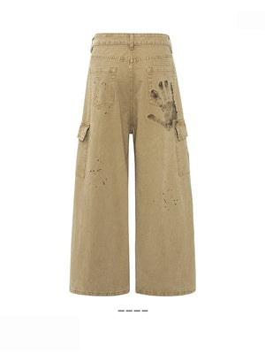 Multi-pocket Design Loose Splashing Ink Old Straight Pants