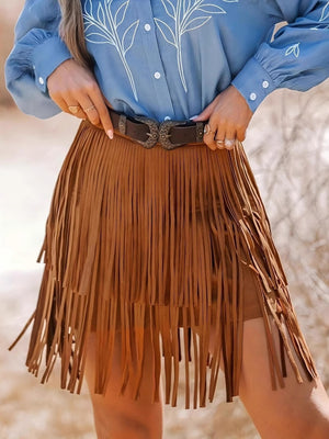 Imitation Suede Tassel Hem Cropped Skirts