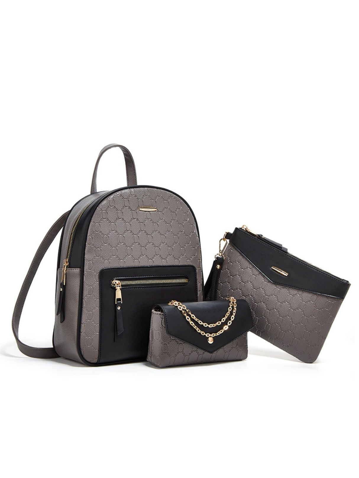 Color-blocked Embossed Backpack 3-piece Set