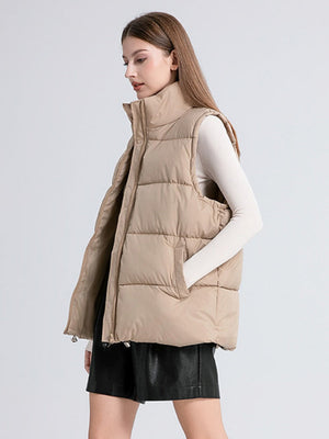 Stand Collar Sleeveless Zipper Pocket Warm Loose Mid-length Down Cotton Vest Jacket