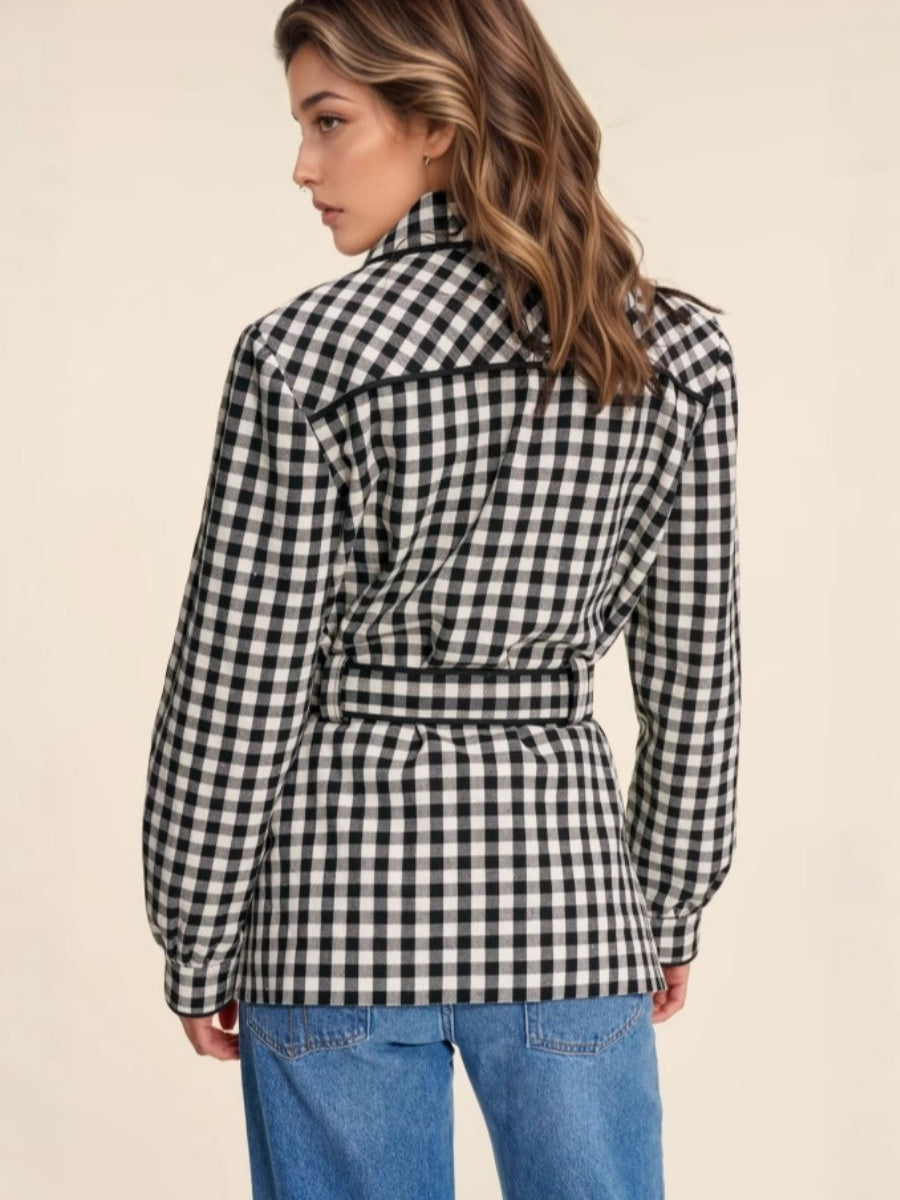 Liber Autumn women's plaid button belt patchwork jacket