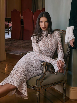 White Lace Long Sleeve Crew Neck Fishtail Slim Fit Dress