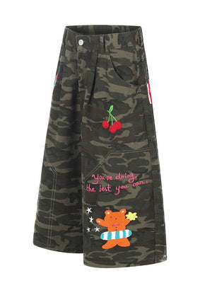 Cartoon Embroidery Camouflage Work Clothes Vibe Wide Leg Five Points Shorts