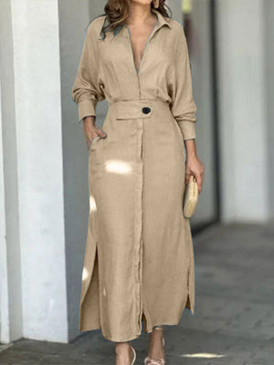 Lapel-front, Fitted Waist, Belted Solid Color Cardigan Long Dress