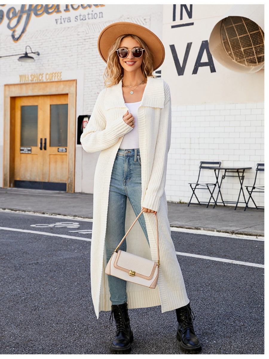Liber Autumn Women's Plain stitch Lapel Long Cardigans Coat