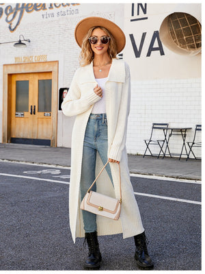 Liber Autumn Women's Plain stitch Lapel Long Cardigans Coat