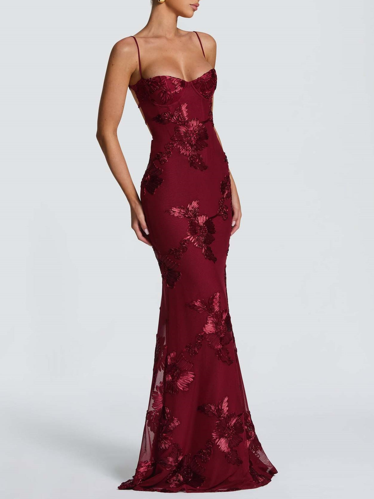 3D Embroidered Backless Cross-Strap Spaghetti Strap Long Dress