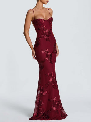 3D Embroidered Backless Cross-Strap Spaghetti Strap Long Dress