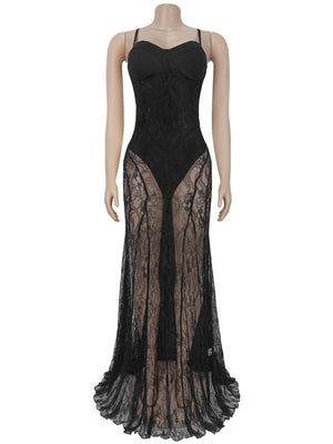 Abendkleid mit Spitzenbesatz, durchsichtiges rückenfreies Camisole, Maxikleid