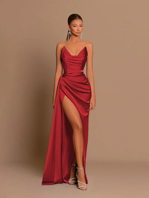 Sexy Strapless Style Deep V-neck Satin Waist Corset Dinner Party Long Dress