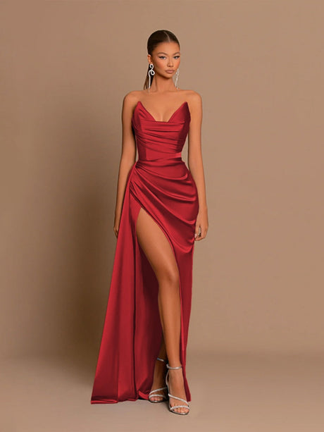 Sexy Strapless Style Deep V-neck Satin Waist Corset Dinner Party Long Dress
