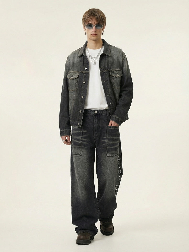 Black Cat Whiskers Sticker Bag Rhinestone-studded Distressed Wide-leg Jeans