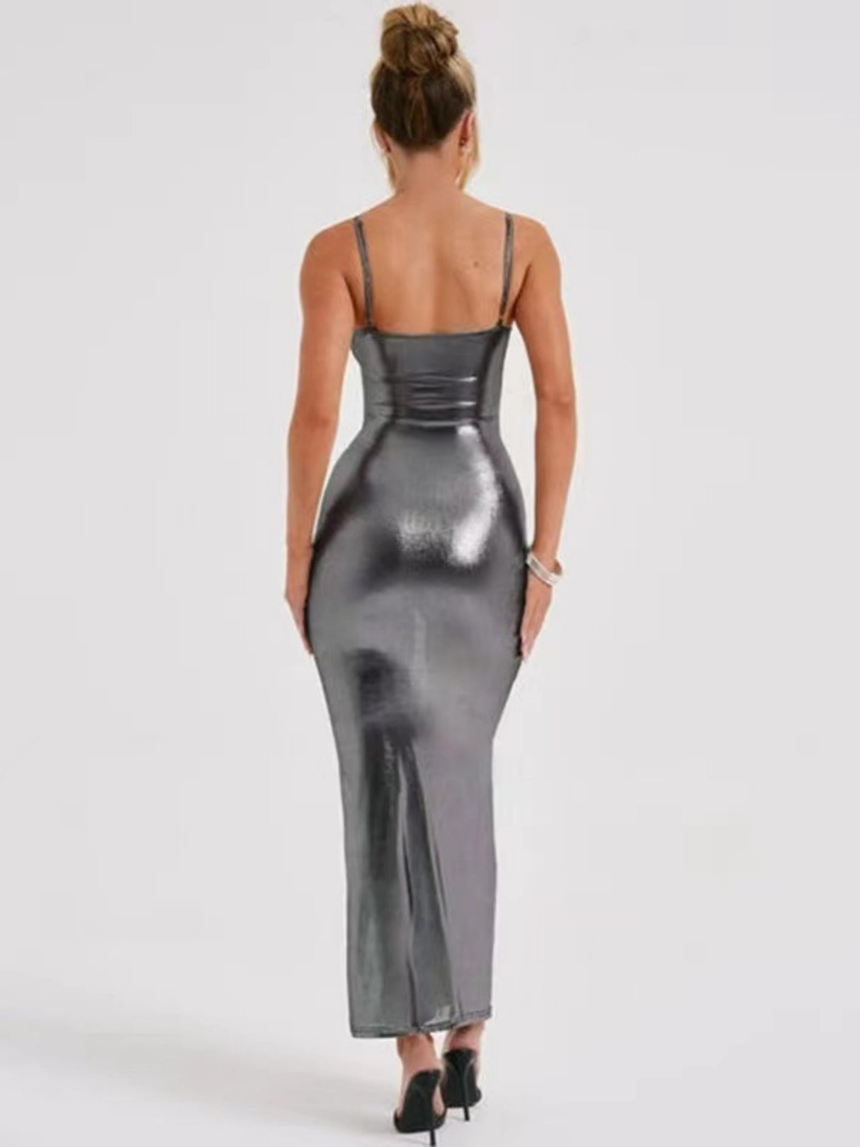 Metallic Gloss Spaghetti Strap Bodycon Maxi Dresses