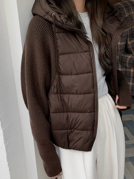 Hooded And Lightweight Cotton-padded Jacket Knitted Sleeves Splicing Short Fake Two Pieces Cotton Clothes