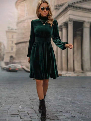 High Collar Gold Velvet Puff Sleeve Hit Long-sleeved Short Dress