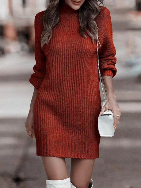 High-necked Long-sleeved Waist-cinching And Hip-hugging Knitted Sweaters Midi Dresses