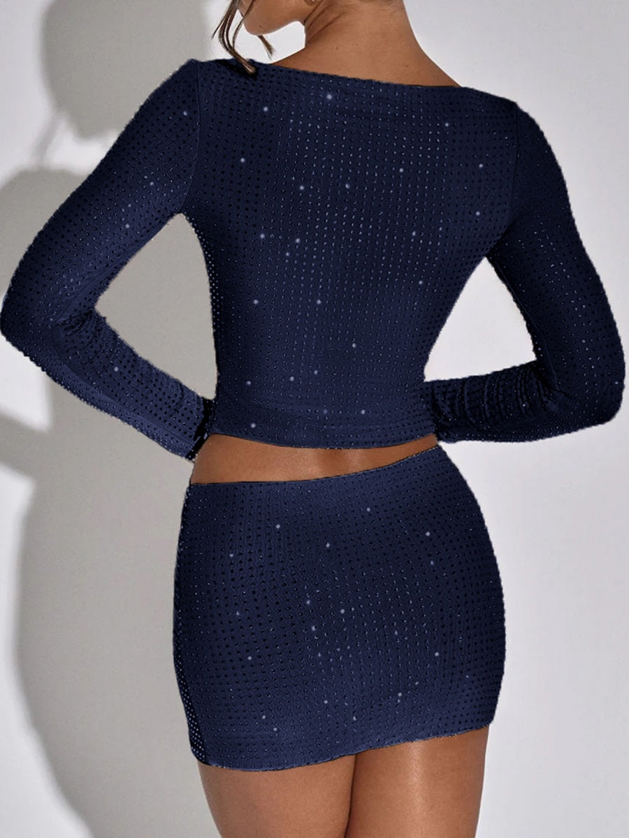Rhinestone-studded Long-sleeved T-shirt And Skirt Two-piece Set