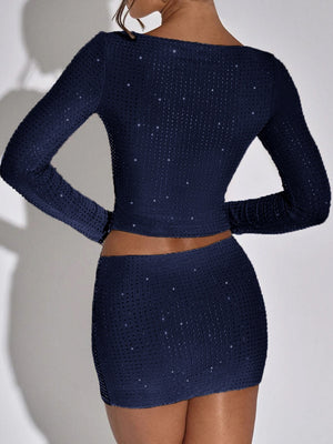Rhinestone-studded Long-sleeved T-shirt And Skirt Two-piece Set
