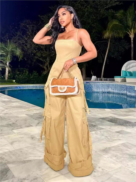 Tube Top Multiple Pockets Work Clothes Wide Leg Jumpsuits