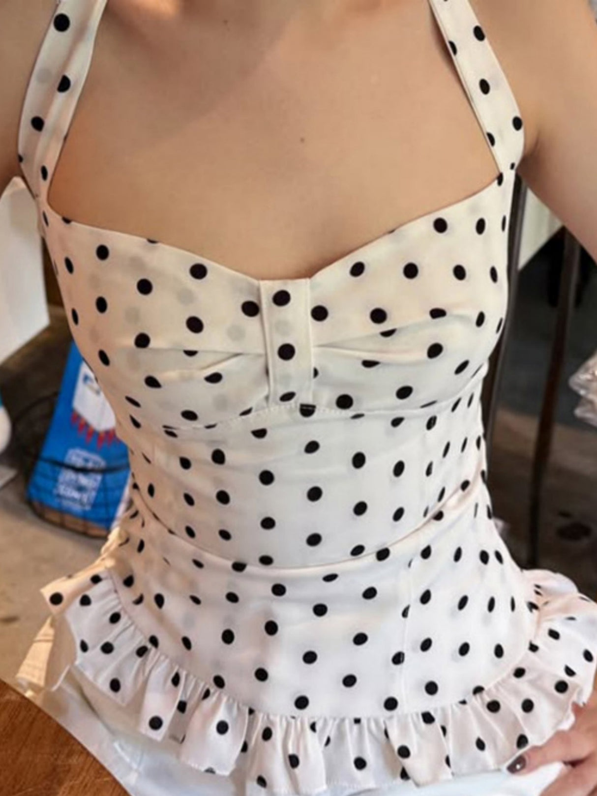 Polka Dots Wavy Lace Chest Pleats Neck Strap Tank Tops&Camis