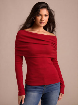 Wool Folded Off-shoulder Long-sleeved Sweater